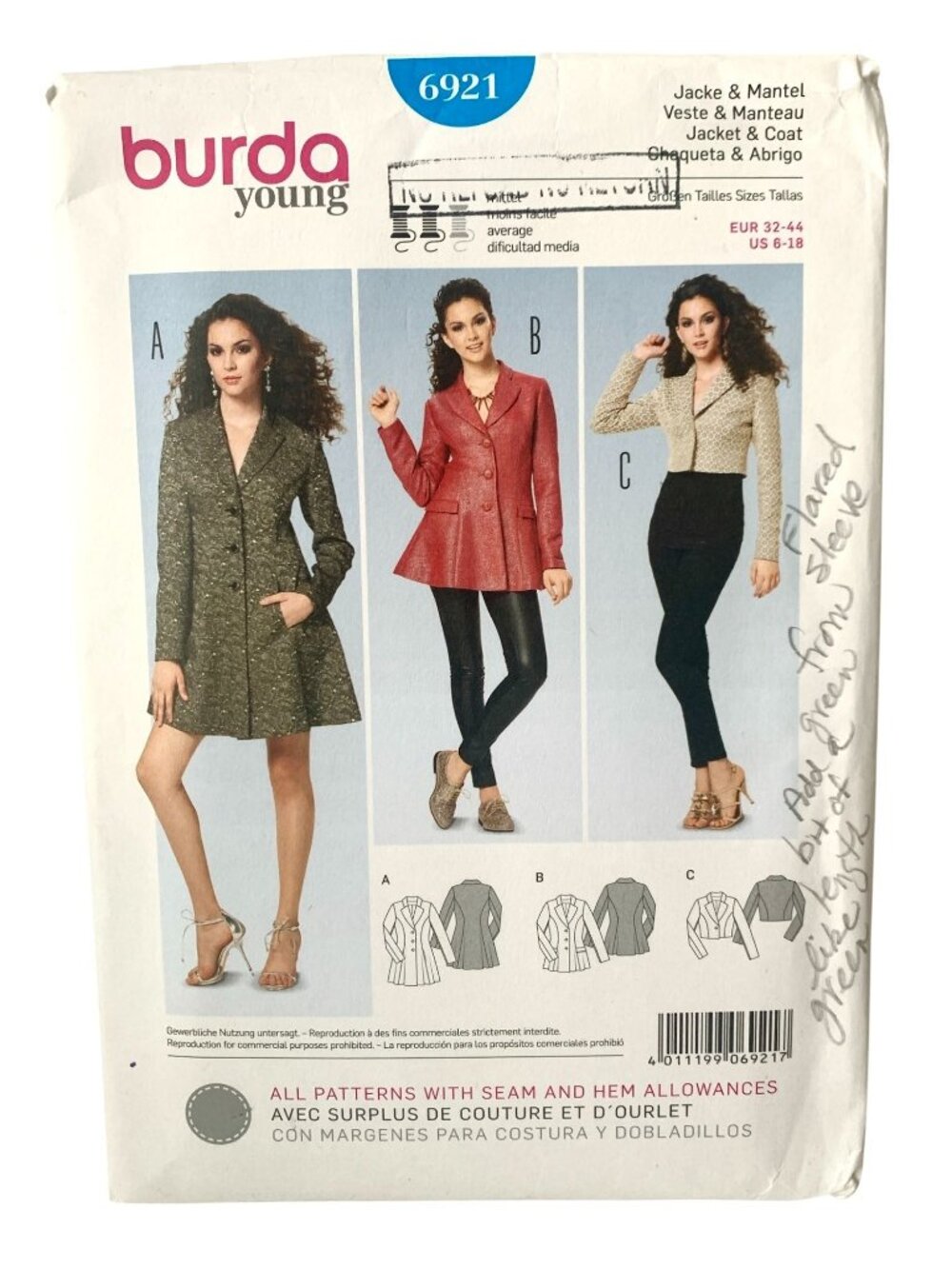 Burda 6921 Pattern Misses Jacket & Coat Variations Size 8 10 12 14 16 18